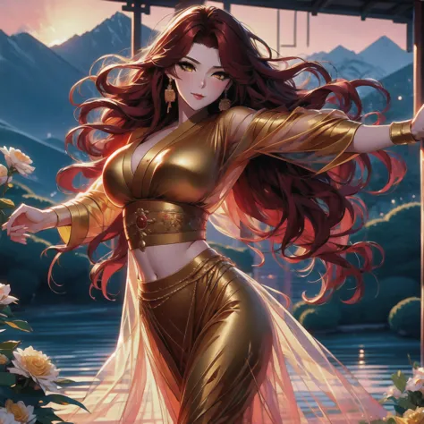 (masterpiece, best quality: 1.2), 1 female, solo, dancing alone, Xian Mei, unique golden eyes, long red curly hair, detailed fac...