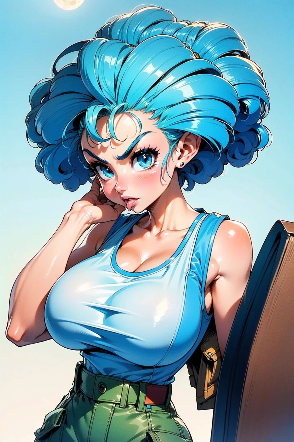 Waifu, masterpiece, curvy, breasts, moon, full moon, gloves, 1girl, clenched teeth, bulma, cleavage, large breasts, teeth, aqua hair, ((white tank top:1.2)), blue eyes, rating:explicit,rule34, hardcore, ,clenched hands, night, sky, ((brown cargo pants:1.4)), bare shoulders, blue hair, clenched hand, rating:questionable, (((blue colored afro:1.5))), belt, solo, angry, lip biting(gigantic and massive tits:1.1), breasts, official illustration, illustration, detailed face, beautiful intricate eyes, curvy milf, 1:2), closeup, titsnipples