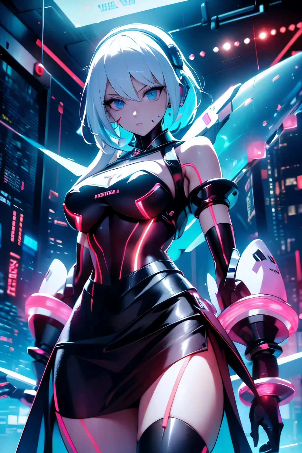 Android Girl,white hair,short and messy hair, purple neon eyes, Holding a chain whip,chains on the hands,chains action, chains around her arm, very cute, skirt, white blouse, cyberpunk style, eletronic gloves, mecanic parts, eletronic details,living room background.HD lighting and dark )(epic image quality) dark atmosphere with bright particle light(many effects in background), dinamic shot, robot, neon tweaks, cyberpunk theme