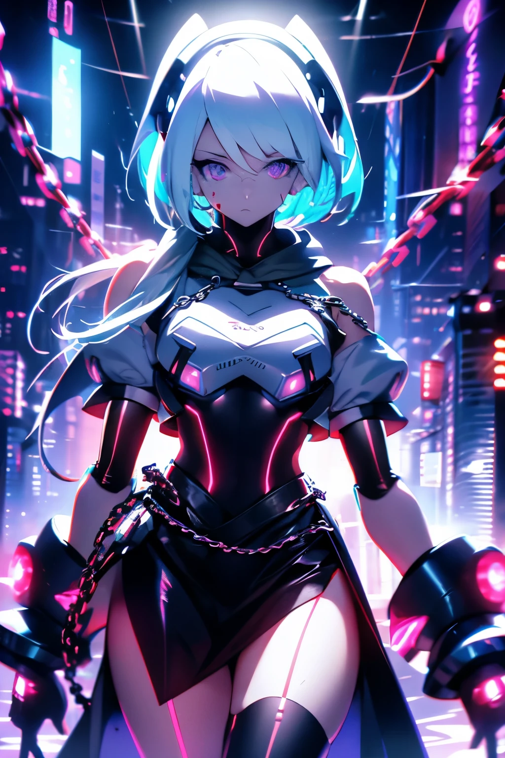 Android Girl,white hair,short and messy hair, purple neon eyes, Holding a chain whip,chains on the hands,chains action, chains around her arm, very cute, skirt, white blouse, cyberpunk style, eletronic gloves, mecanic parts, eletronic details,living room background.HD lighting and dark )(epic image quality) dark atmosphere with bright particle light(many effects in background), dinamic shot, robot, neon tweaks, cyberpunk theme