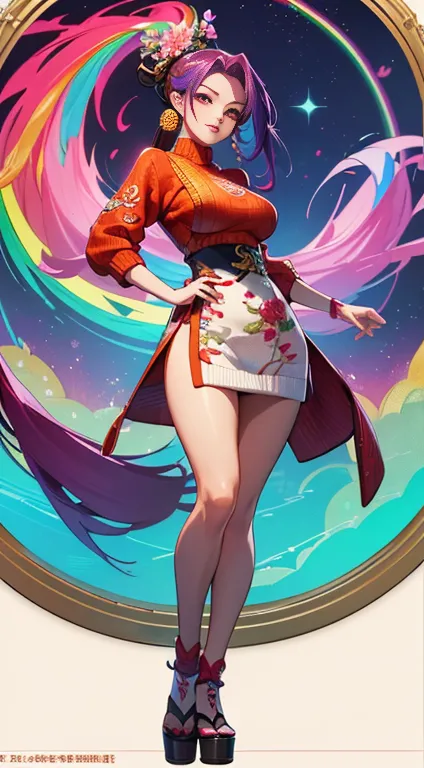 nighttime,full body,kof:mai shiranui ,(((wearing vibrant rainbow color scheme art, suzhou embroidery technology; knitted sweater...