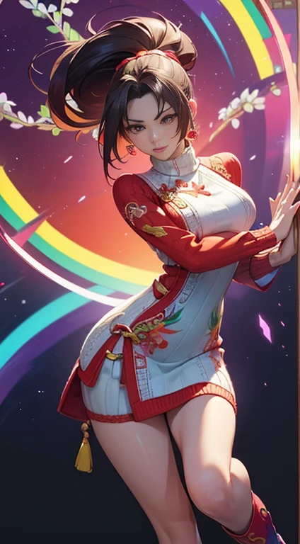 nighttime,full body,KOF:Mai Shiranui ,(((Wearing vibrant rainbow color scheme art, Suzhou embroidery technology; knitted sweater hole dress))),The mirror, Masterpiece,best quality,official art,extremely detailed 3DCG unity 8k, ( ##tattoo ##,tattoo, ~+ tattoo),(Perfect female curves, huge breast),(A seductive gaze), Facing the camera, Pink lips,Delicate fingers and hands,magic hour, Rembrandt lighting, front lighting and fill lighting, hard shadow, Arnold render,