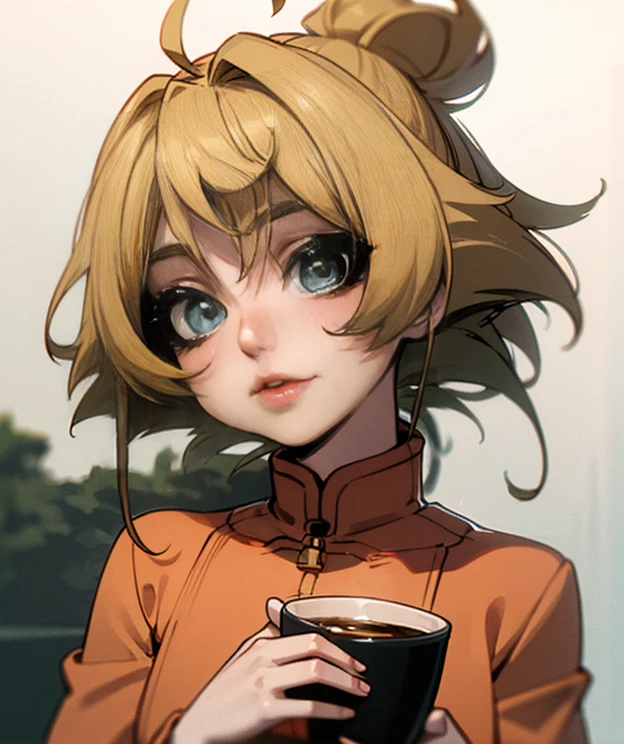 There is a 2 girl holding a cup of coffee in her hand, Nice face girl, Cute natural anime face, He has a nice face - soft -, Sakimi-chan, Chiho, Yoshitomo Nara, Cute young face, Face of a beautiful Japanese girl, Blond hair and big eyes, Cute kawaii girl, Beautiful big, light eyes