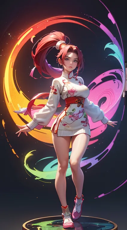 nighttime,full body,kof:mai shiranui ,(((wearing vibrant rainbow color scheme art, suzhou embroidery technology; knitted sweater...