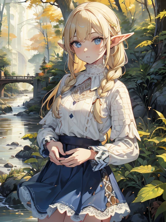 masterpiece, Highest quality, Very detailed, 16K, Ultra-high resolution、Cowboy Shot, 1 Elf girl, Detailed face、Perfect Fingers, Elf Ears, Small breasts, blue eyes, blonde, Braiding, White blouse, sweater, Best, (Checkered lace skirt:1.4), in the forest, stream, Stand on the banks of the river