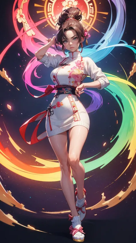 nighttime,full body,kof:mai shiranui ,(((wearing vibrant rainbow color scheme art, suzhou embroidery technology; knitted sweater...