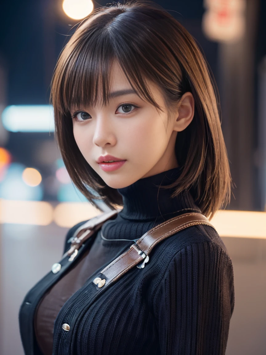 Product quality, 1 Girl, ((((Cowboy Shot)))), Front view, Young and cute girl in Japan, At night, Wearing a black turtleneck knit sweater, Wear a miniskirt, Very cute face, Glossy Lips, Double eyelids on both eyes, (Natural Makeup), shiny smooth light brown long hair,,,, Asymmetrical bangs, Center image, 8K resolution, High detail, Detailed hairstyle, Detailed face, Cinema Lighting, Octane Rendering, Ultra-realistic, Perfect limbs, Perfect Anatomy, 