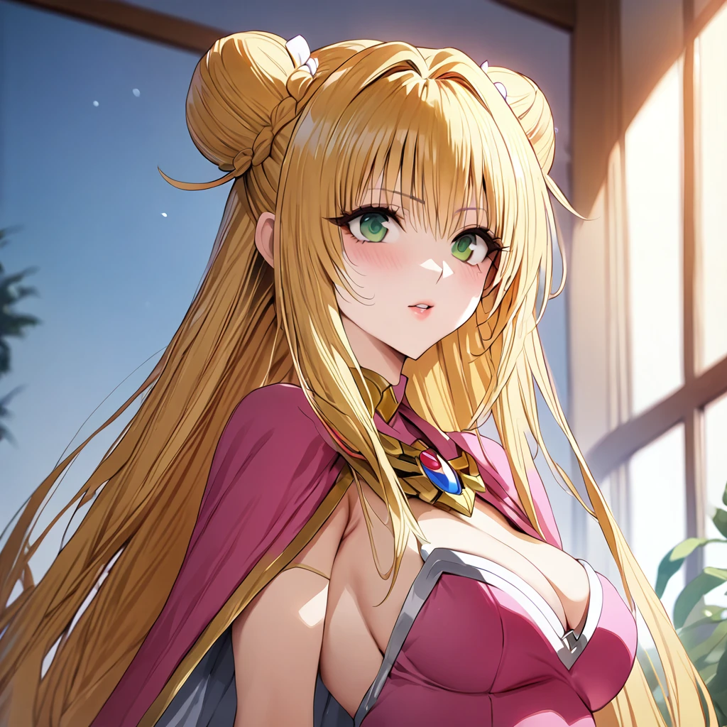 ((Highest quality)), ((masterpiece)), (detailed), （Perfect Face）、The woman is Tiare, with green eyes, blonde, medium-long hair in twin buns, and is wearing a Princess Zelda costume.