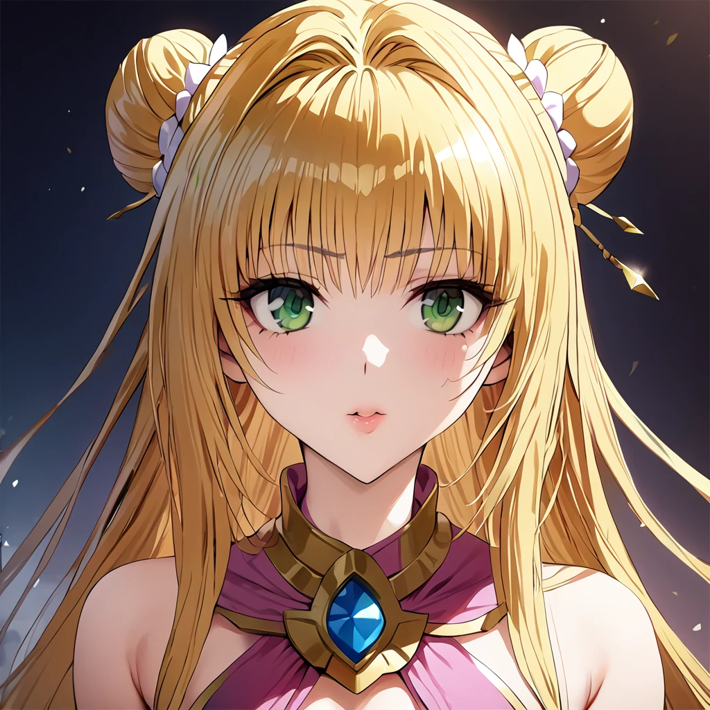 ((Highest quality)), ((masterpiece)), (detailed), （Perfect Face）、The woman is Tiare, with green eyes, blonde, medium-long hair in twin buns, and is wearing a Princess Zelda costume.