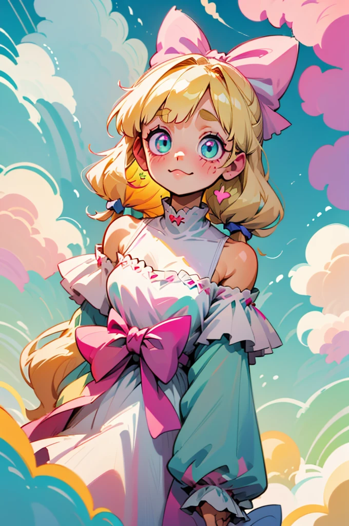 cute, happy, very long blonde hair, bangs, white bow in the back of hair, turquoise eyes, big eyes, pink oversized off shoulder sweater, kawaii, comfy, clouds, magic, adorable, cuteness