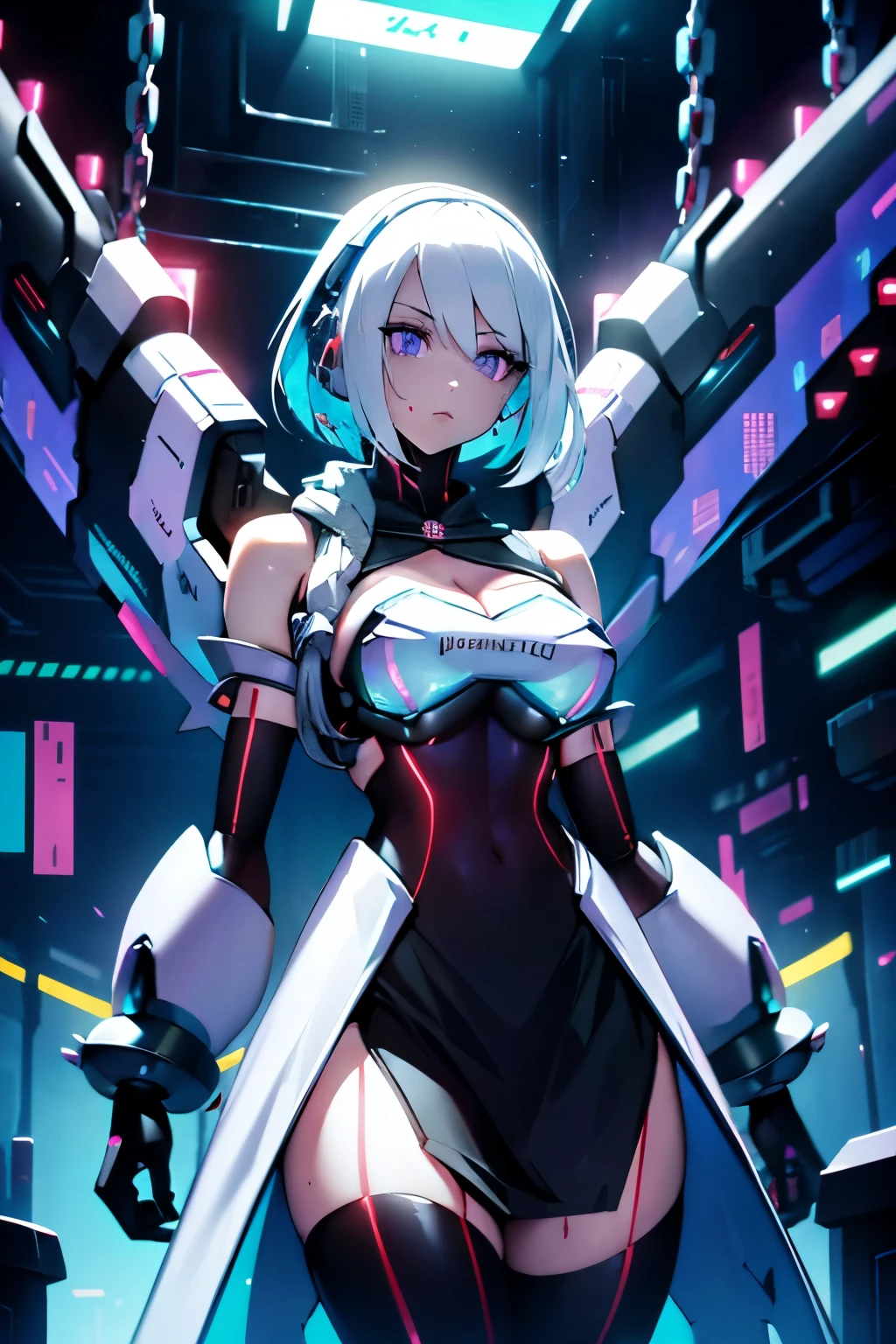 Android Girl,white hair,short and messy hair, purple neon eyes, Holding a chain whip,chains on the hands,chains action, chains around her arm, very cute, skirt, white blouse, cyberpunk style, eletronic gloves, mecanic parts, eletronic details,living room background.HD lighting and dark )(epic image quality) dark atmosphere with bright particle light(many effects in background), dinamic shot, robot, neon tweaks, cyberpunk theme