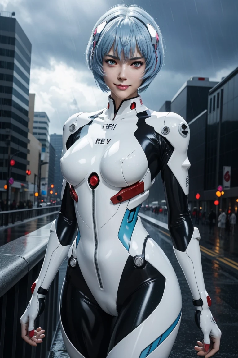 Evangelion,Rei Ayanami,Silver Blue Hair,Red eyes,Red Eyes,Plug Suit,Bodysuits,Interface Headset,白いBodysuits,Ultra HD,super high quality,masterpiece,Digital SLR,Photorealistic,Detailed details,Vivid details,Depicted in detail,A detailed face,Detailed details,Super Detail,Realistic skin texture,Anatomical basis,Perfect Anatomy,Anatomically correct hand,Anatomically correct fingers,Complex 3D rendering,Sexy pose,Rainy Sky,Beautiful scenery,Fantastic rainy sky,Picturesque,Pink Lips,smile,