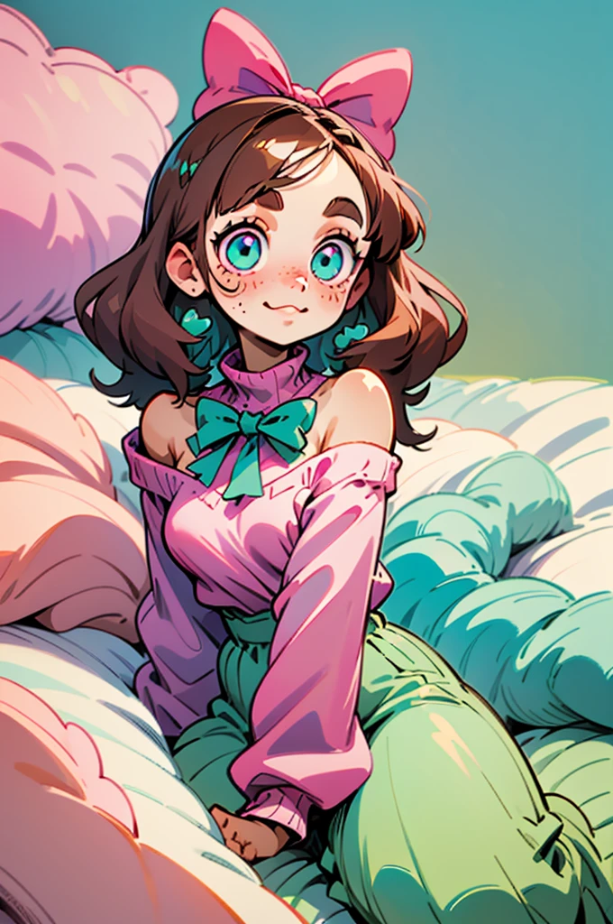 cute, happy, very long brunette hair, bangs, white bow in the back of hair, turquoise eyes, big eyes, pink oversized off shoulder sweater, kawaii, comfy, pink bedroom, sit on bed, gamer, adorable, cuteness, shy, freckles