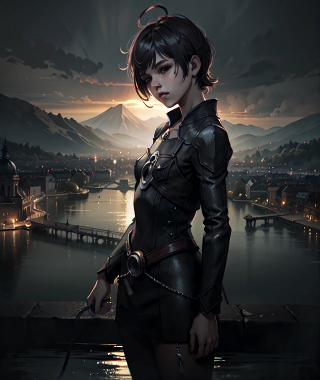 (masterpiece, best quality:1.3), cute woman with short hair, urban cityscape, morning, quiet and peaceful with soft morning light lake, fantasy, intricate, elegant, digital painting, trending on artstation, concept art, soft focus, cinematic lighting