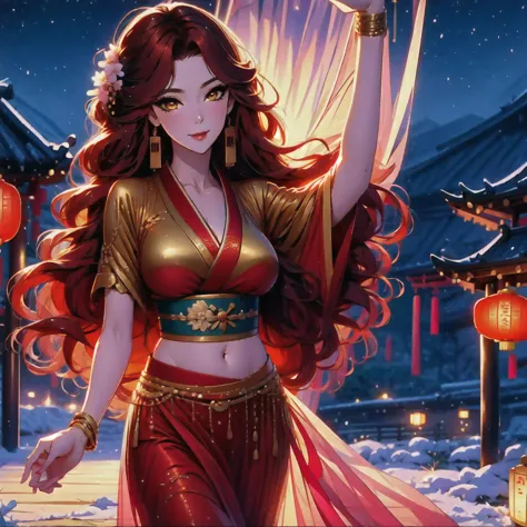 (masterpiece, best quality: 1.2), 1 female, solo, dancing alone, Xian Mei, beautiful golden eyes, long red curly hair, detailed ...