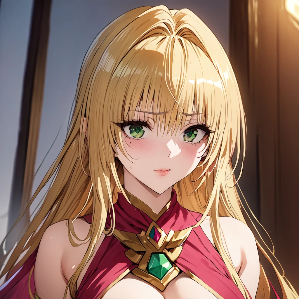 ((Highest quality)), ((masterpiece)), (detailed), （Perfect Face）、The woman is Tearju, with green eyes, medium-length blonde hair, and is wearing a Princess Zelda costume.