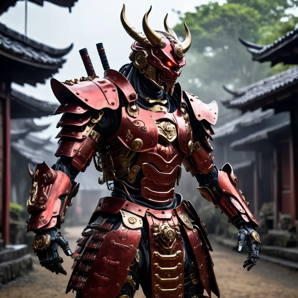 Äquatorialguinea Samurai Cyborg Roboter Dämon Krieger, samurai cyberpunk armor, dynamische Aktionspose, aus Metall rot vergoldete Rüstung gebaut, komplizierte Details, in der alten Dorfszene, biomechanisch, mechanische Teile, Chiaroscuro , hyperrealistische biomechanoide organische Strukturen, Fantasie-Traumkunst, Schattenspiel, Licht, mist, Launisch, geheimnisvoll, erdig, lebendig, 8k, fotorealistisch