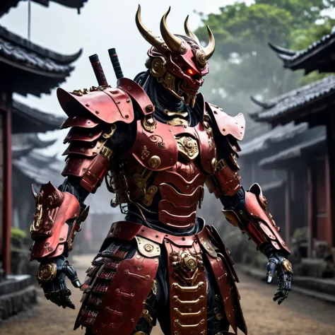 Equatorial Guinea Samurai cyborg robotic demon warrior, samurai cyberpunk armor, dynamic action pose, built of metal red gilded ...