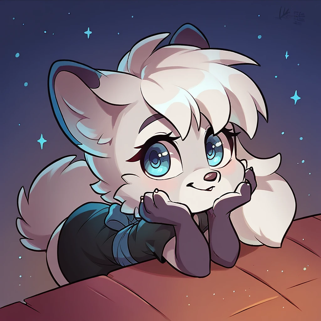 little fox, female, white hair, silver fur, blue eyes, cute kid, , alone, kid , white hair, cute, chibi, black dress, night dorest