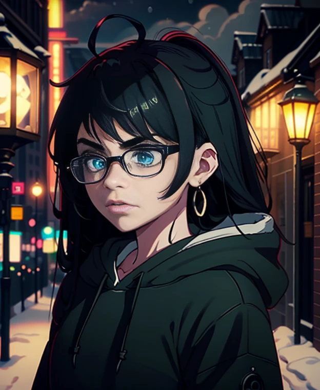 Best quality, volumetric lighting, cinematic lighting, masterpiece, ultra high res, 4k, (soft round detailed face), (sad expression), (detailed green eyes), bags under eyes, thick eyebrows, depressed, melancholy, (wearing rounded glasses), (very pale light skin), detailed black hair, ((long messy greasy hair)), (plain black hoodie), black stud earrings, black nail varnish, unwashed, unkempt, disheveled, sodium streetlamps, midnight, dark clouds, London, snow