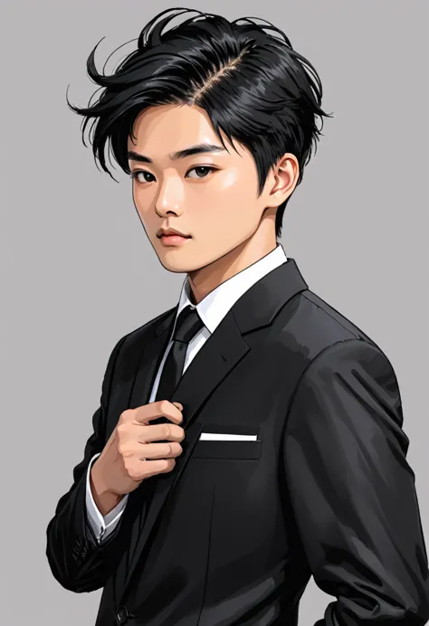 black suit、black hair、short hair、asian、male、brush your hair up、simple background