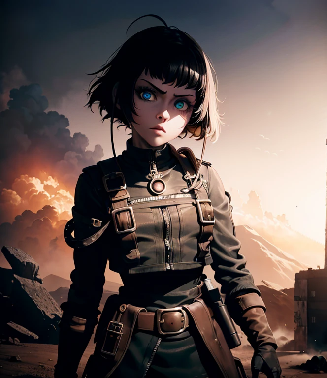 ambiance steampunk, l&#39;art dramatique, style artistique dieselpunk, Ambiance apocalyptique Road Warrior, une fille portant de belles lunettes de soleil miroir qui reflètent tout ce qui l&#39;entoure, art numérique surréaliste, Mad Max inspiré, heavy art du métalwork, symétrie du visage chromé, art steampunk numérique, pas à la manière de Mad Max, art du métal, pas de style artistique par Filip Hodas, art numérique Steampunk, dieselpunk, dans un monde de haute technologie
