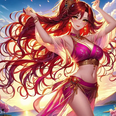 (masterpiece, best quality: 1.2), 1 female, solo, dancing alone, xian mei, beautiful golden eyes, long red curly hair, detailed ...