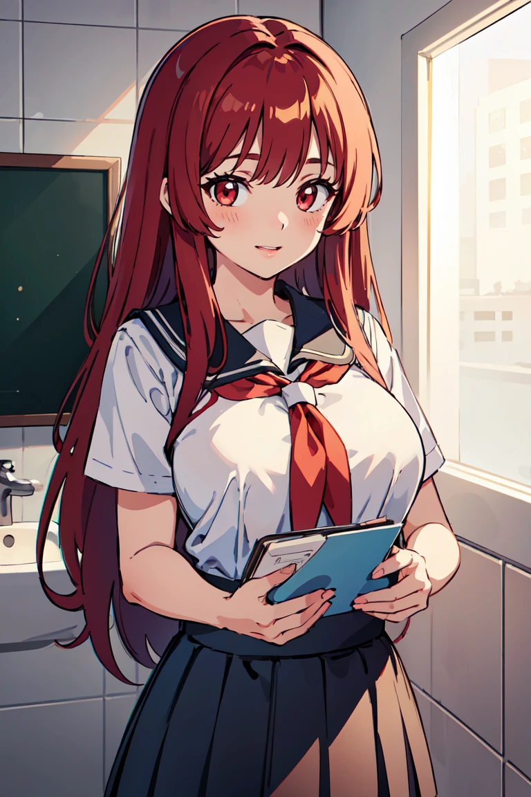 masterpiece, best quality, highly detailed background, perfect lighting, best quality, (extremely detailed face), volumetric lighting, intricate details, shadow, tonemapping, sharp focus, hyper detailed, trending on Artstation, (solo), (Background in the bathroom) .Girl with long red hair. Red eyes. curvy. Blush, Clear skin. Big bust. Smile, ((with school report)) ((Dressed as a schoolgirl)) ((school skirt))