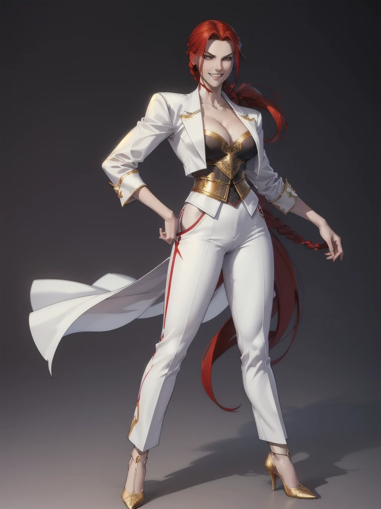 ((best quality)), ((4k)), ((highres)), ((masterpiece:1.2)). ((detailed)), ((ultra realistic)), ((intricate details)), ((full body picture)), ((character design sheet)), ((blank background)), ((standing in a blank background)), solo character, a full body shot of a sexy pale female, inhuman pale skin, pasty white skin, ((vampire pale skin))), ((ghostly pale skin like kratos from god of war)), redhead, ((vivid red hair)), SLEEK braided low ponytail, ((SLEEK braided low ponytail)), thin braid, slicked back hair, sexy and dangerous, evil smile on her face, ((evil smile)), about 30 years old, about 6'0 ft tall, athletic frame, character concept art, female executive, white blazer suit, white dress pants, work pants, white outfit with black details and gold adornments, ((predominantly white outfit)), ((showing cleavage)), gold office heels, ((GOLD HEELS)), fighting game character concept art, tekken character design, the king of fighters character concept