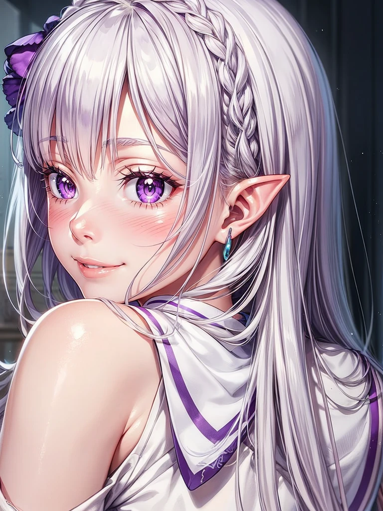 detailed face, (purple eyes), long eyelashes, realistic skin,pointy ears,naughty smile