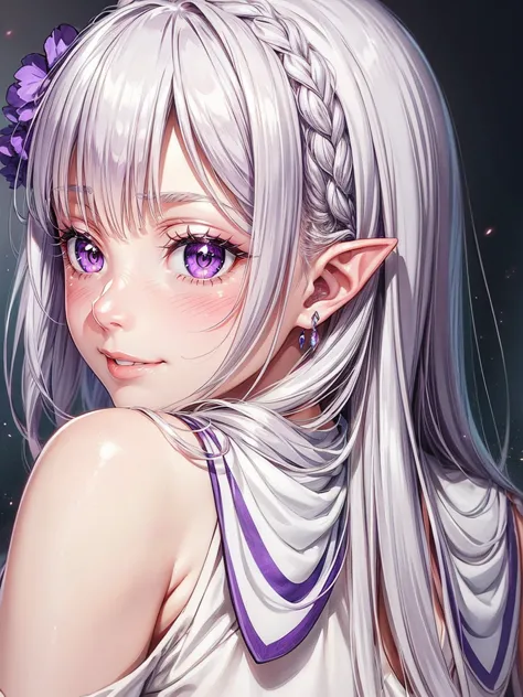 detailed face, (purple eyes), long eyelashes, realistic skin,pointy ears,naughty smile