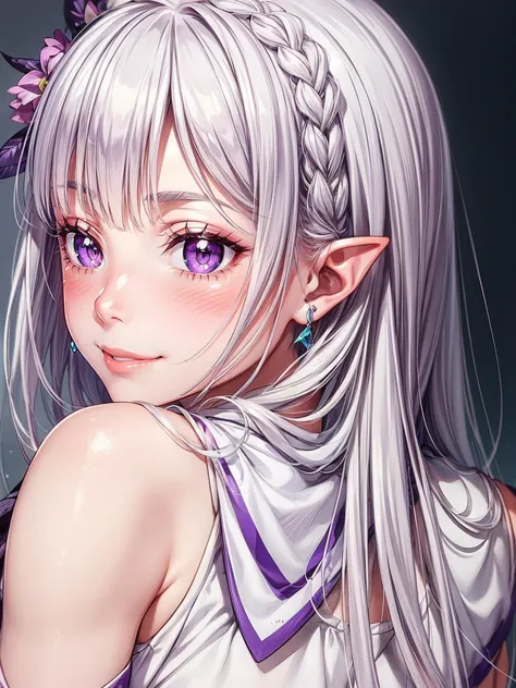 detailed face, (purple eyes), long eyelashes, realistic skin,pointy ears,naughty smile