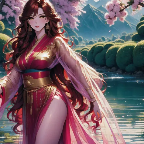 (masterpiece, best quality: 1.2), 1 female, solo, dancing alone, Xian Mei, beautiful golden eyes, long red curly hair, detailed ...
