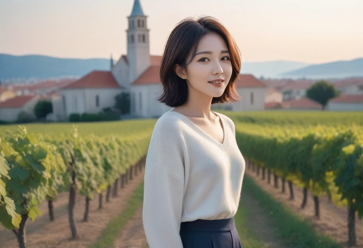 8k best picture quality, Beautiful 3 Korean woman, Chest size 34 inches, View of the cathedral next to vineyards in the Croatian countryside, The back background is realistic and vivid image quality, short and medium hair, Wearing a high-end luxury brand casual jumper and pants., Smile slightly. the background is clear. Full body shot with Canon camera 16-35 wide angle lens, expressionless,