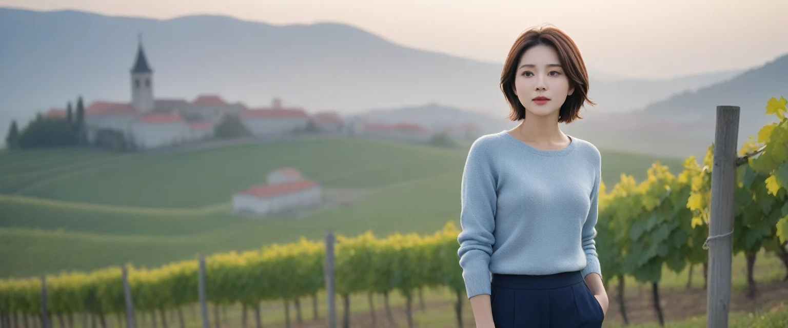 8k best picture quality, Beautiful 3 Korean woman, Chest size 34 inches, The cathedral can be seen through the early morning fog past the vineyards in the Croatian countryside., The back background is realistic and vivid image quality, short and medium hair, Wearing a casual jumper and pants,Perfect and realistic photos, The background is realistic. Full body shot with Canon camera 16-35 wide angle lens, expressionless