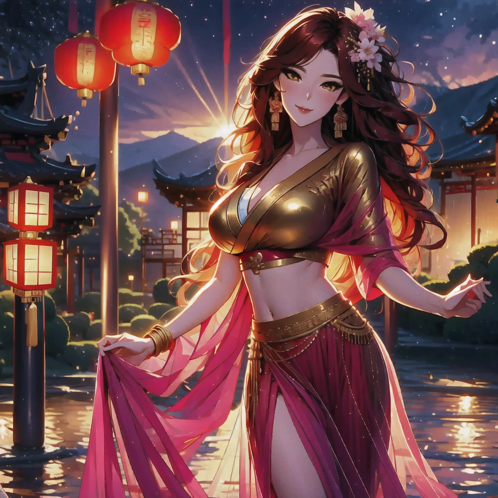 (masterpiece, best quality: 1.2), 1 female, solo, dancing alone, Xian Mei, beautiful golden eyes, long red curly hair, detailed face, beautiful face, jewelry, perfect anatomy, perfect body, traditional pink-purple belly dance dress, medieval china, sexy, hot, beautiful background, belly dance, dance, beautiful dance, mountains in the background, Japanese cherry trees, daytime, sharp image, clear image, Hd resolution, quality,