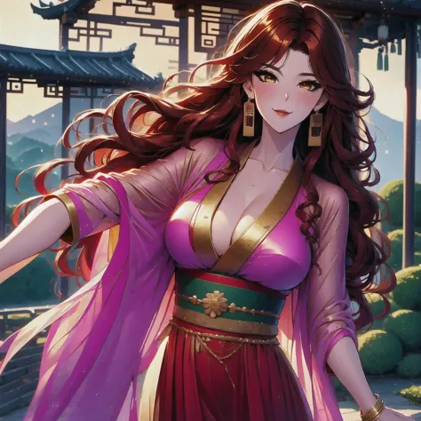 (masterpiece, best quality: 1.2), 1 female, solo, dancing alone, Xian Mei, beautiful golden eyes, long red curly hair, detailed ...