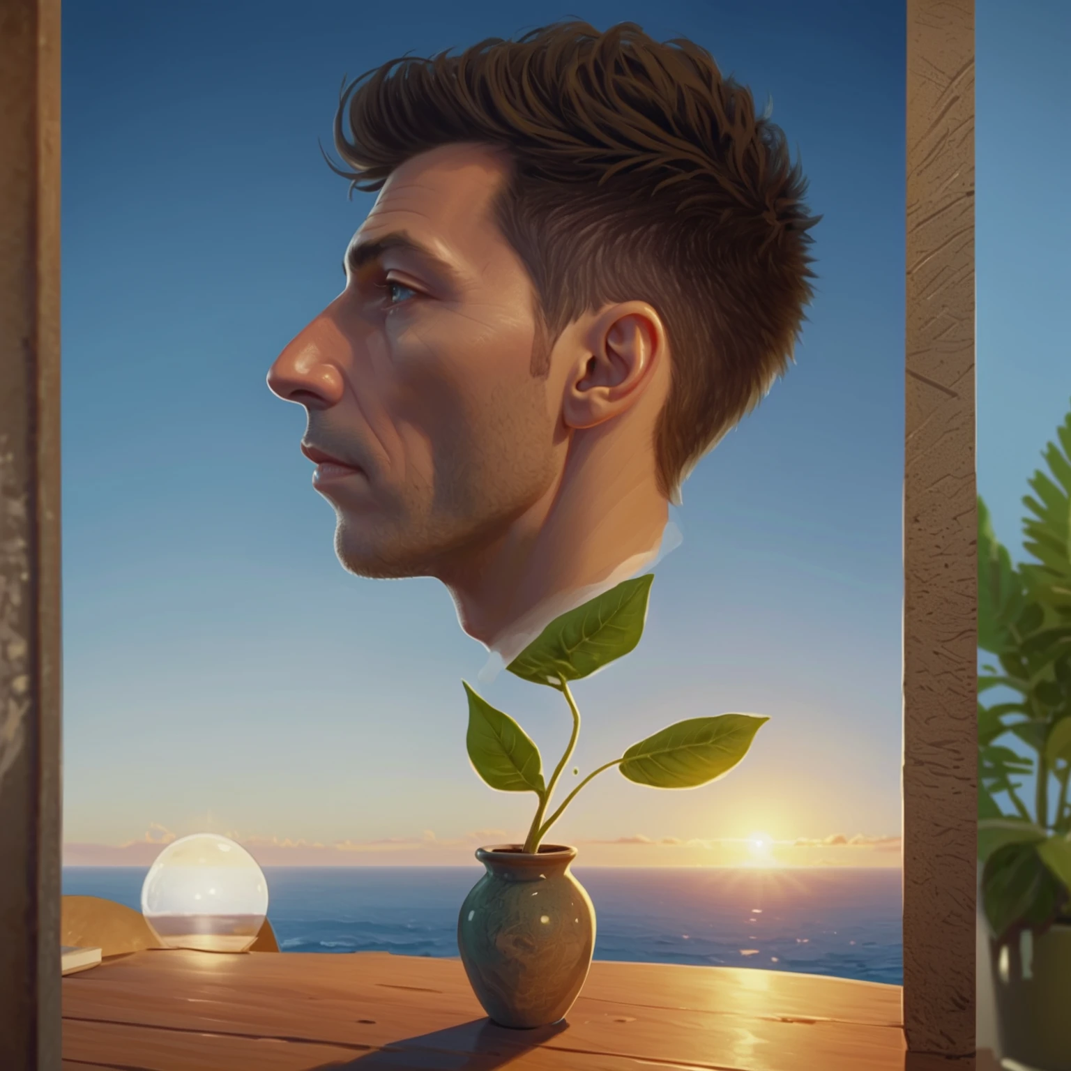 テーブルの上に鉢植えの植物を持った男性がいる, 非常に詳細なVFXポートレート, シュルレアリスムの肖像画, シュールな肖像画, 様式化された肖像画, 3Dポートレート, シュールな3Dレンダリング, 非常に詳細なVFXポートレート of, 高品質のポートレート, 様式化された肖像画 h 1280, 4K 非対称ポートレート, シュルレアリスム 8k, 8Kで撮影したソフトポートレート, NFT ポートレート