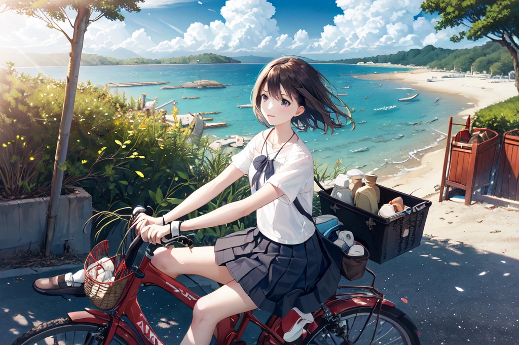 (masterpiece:1.2),best quality,Pixif,
bluth,bike,1 Girl,Ground Vehicles,1 boy,outdoor,bike basket,Sky,cloud,shirt,skirt,Multiple riders,ocean,white shirt,sky,horizon,Black Hair,Depth of Field,Wind view,vague,Long hair,,blue Sky,Short sleeve,riding,shoe,dappled Sunlight,sock,HILL,Sunlight,Flowing hair,pleated skirt,Tree,Six-winged sky,Knee-length,water,short hair,road,basket,In the shade,夏sky,Grass,wind,plant,sit,Women&#39;s shirt,Pants,
