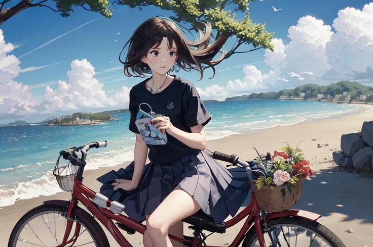 (masterpiece:1.2),best quality,pixif,
bluth,bike,1 girl,ground vehicles,1 boy,outdoor,bike basket,sky,cloud,shirt,skirt,multiple...