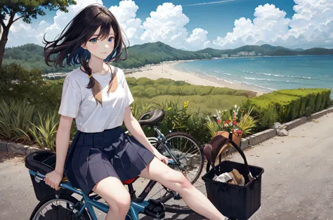 (masterpiece:1.2),best quality,pixif,
bluth,bike,1 girl,ground vehicles,1 boy,outdoor,bike basket,sky,cloud,shirt,skirt,multiple...