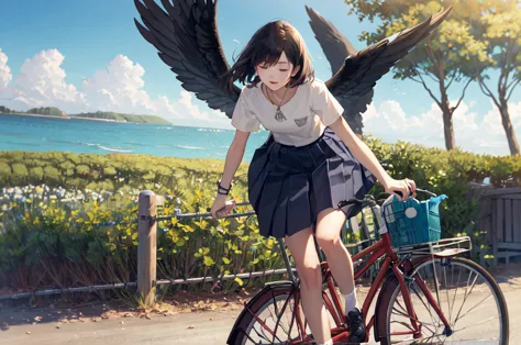 (masterpiece:1.2),best quality,pixif,
bluth,bike,1 girl,ground vehicles,1 boy,outdoor,bike basket,sky,cloud,shirt,skirt,multiple...