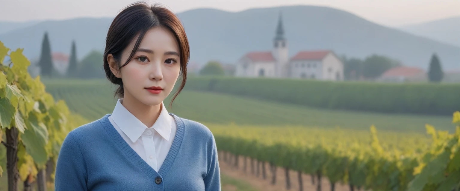 8k best picture quality, Beautiful 3 Korean woman, Chest size 34 inches, The cathedral can be seen through the early morning fog past the vineyards in the Croatian countryside., The back background is realistic and vivid image quality, short and medium hair, Wearing casual outdoor clothes and pants,Perfect and realistic photos, The background is realistic. Full body shot with Canon camera 16-35 wide angle lens, expressionless, There was a thick fog.