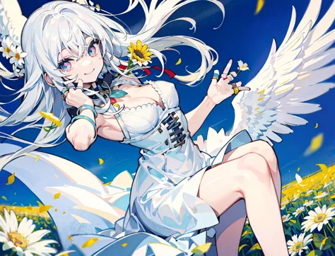 a white-haired angel, colorful eyes,smiling, god々beautiful angel ring, flower field