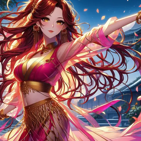 (masterpiece, best quality: 1.2), 1 female, solo, dancing alone, xian mei, beautiful golden eyes, long red curly hair, detailed ...