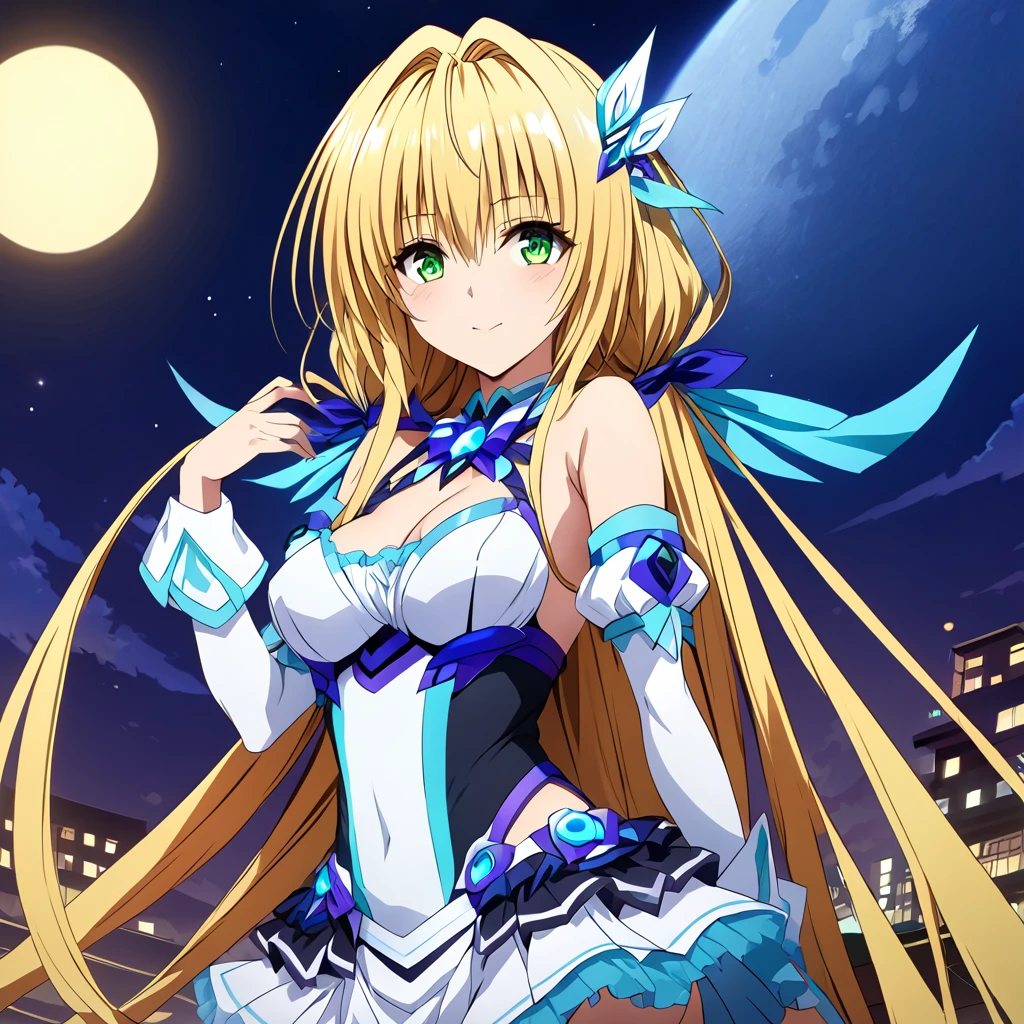 ((Highest quality)), ((masterpiece)), (detailed), （Perfect Face）、The woman is Tiare, a green-eyed, blonde, medium-long-haired transforming heroine called Extia Spica, posing with the night moon in the background.