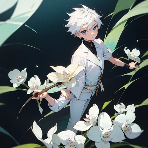 a young boy who has a slit in his forearm, and inside there are white orchid flowers, and he picked one of those flowers.