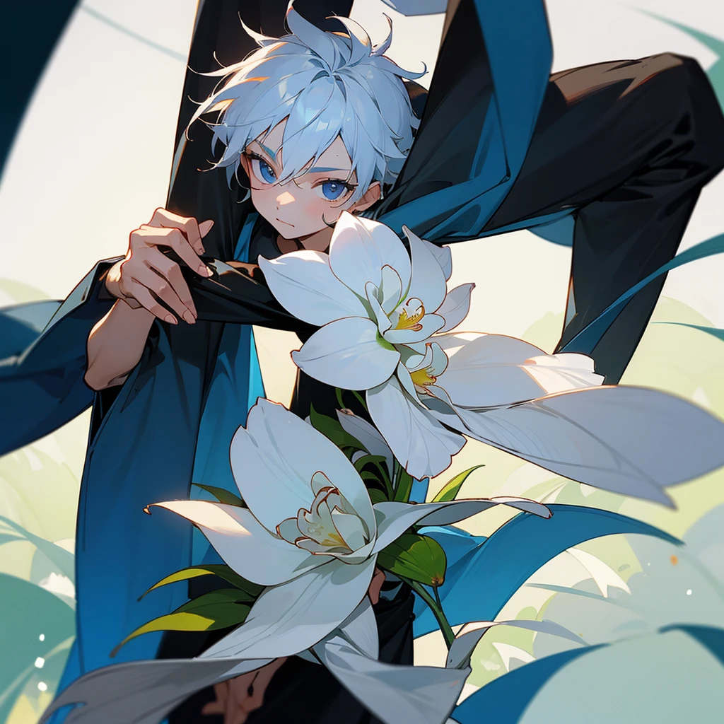 A young boy who has a slit in his forearm, and inside there are white orchid flowers, and he picked one of those flowers.