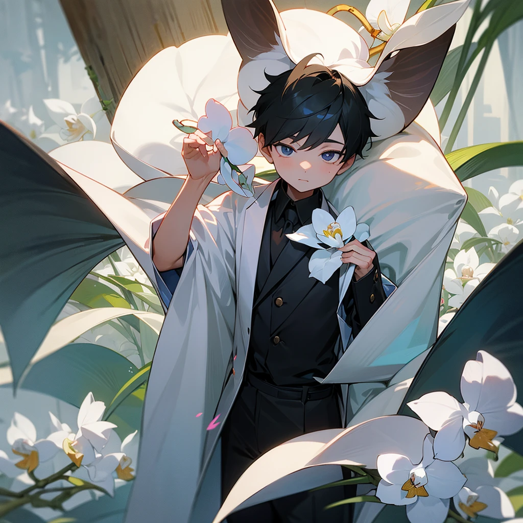 A young boy who has a slit in his forearm, and inside there are white orchid flowers, and he picked one of those flowers.