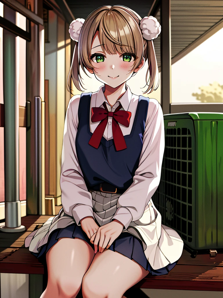 masterpiece, Highest quality, High resolution, 0 year old,  One Girl, alone, Green Eyes, Pom-pom \(Clothes\), Apron dress, White shirt, White socks,Jumper skirt、 Long sleeve, Dilapidated, short hair, belt, Red bow tie, bangs, 青いClothes, Collared shirt, Cowboy Shot, orgasm,blush, Put a condom in your mouth,  Sweat, White panties, pull up the skirt with your hands, Sit on top of an air conditioner outdoor unit, A defiant smile、